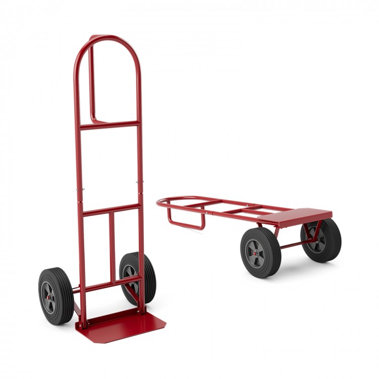 P-handle sack truck in red with 10-inch wheels, featuring a foldable load area for easy transport and storage.