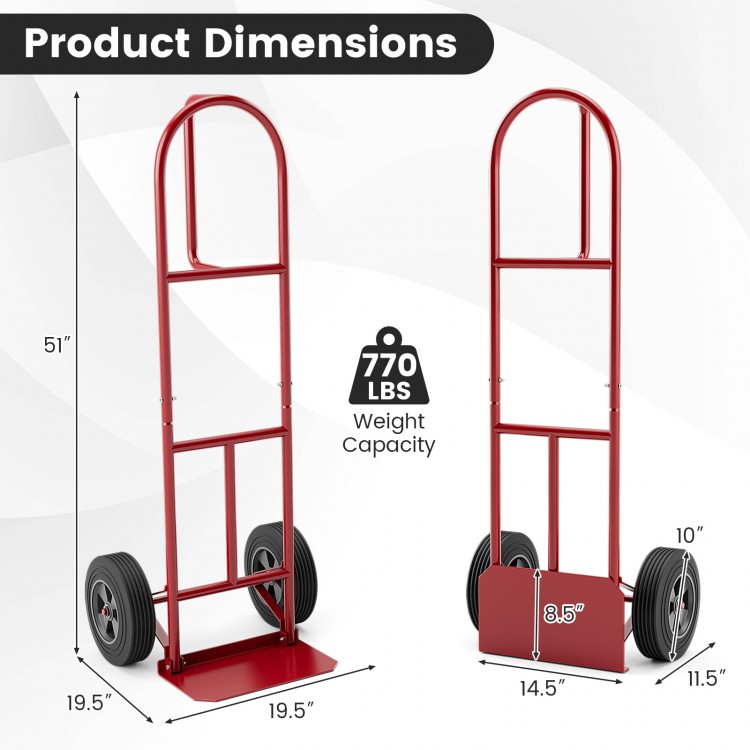 P-handle sack truck in red with 10-inch wheels, featuring foldable load area and 770 lbs weight capacity for easy.