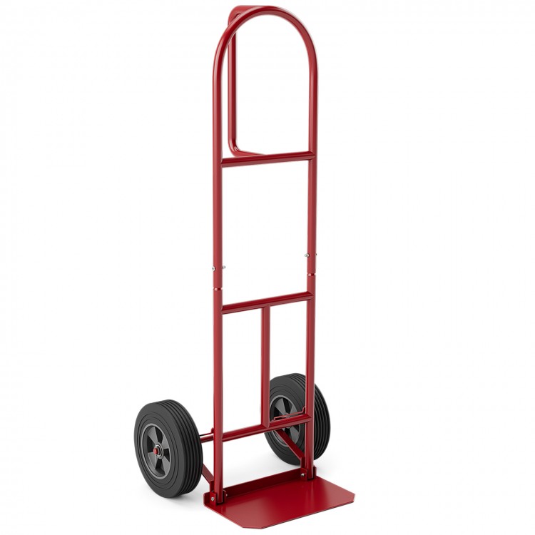 P-handle sack truck in red with 10-inch wheels, foldable load area for easy maneuvering and storage.