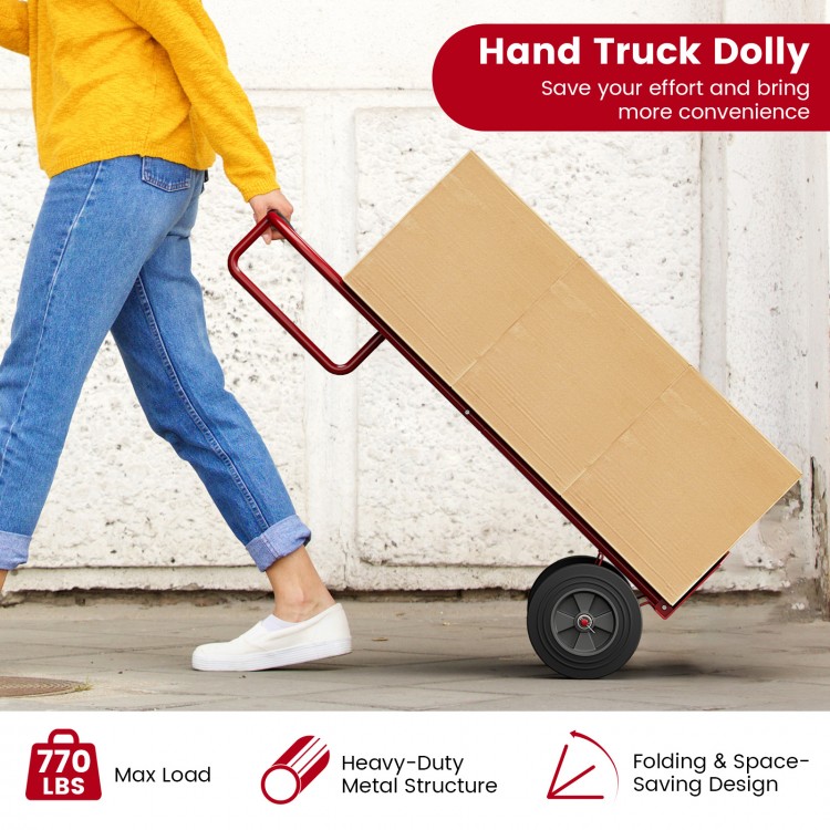 P-handle sack truck in red with foldable load area and 10-inch wheels, ideal for moving heavy packages easily.