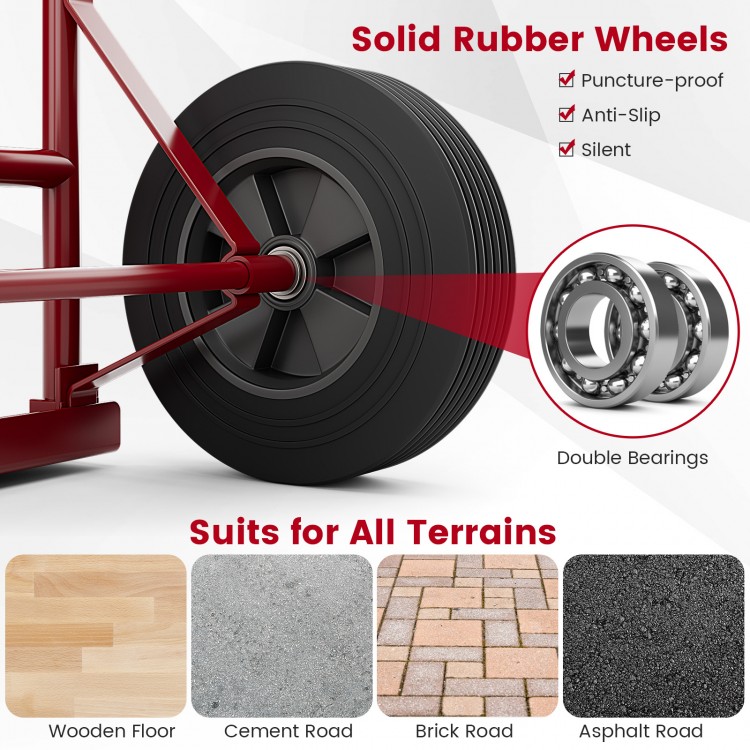 P-handle sack truck with 10-inch solid rubber wheels, designed for smooth transport on various surfaces, ideal for.