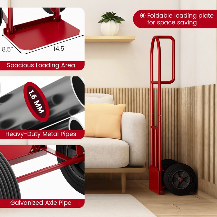 P-handle sack truck in red with foldable load area, heavy-duty metal construction, and 10-inch wheels for easy.