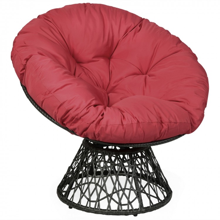 Dark red Rattan Papasan chair showcasing sturdy PE rattan construction and soft cushion, ideal for stylish seating.