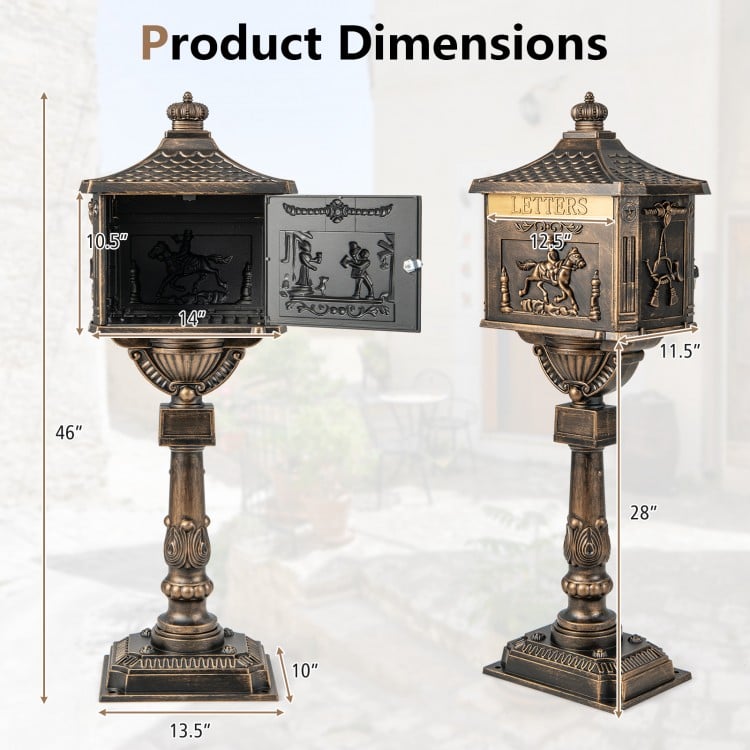 Retro cast aluminum mailbox with lockable baffle door, bronze finish, 46 inches tall, ideal for secure letter delivery.