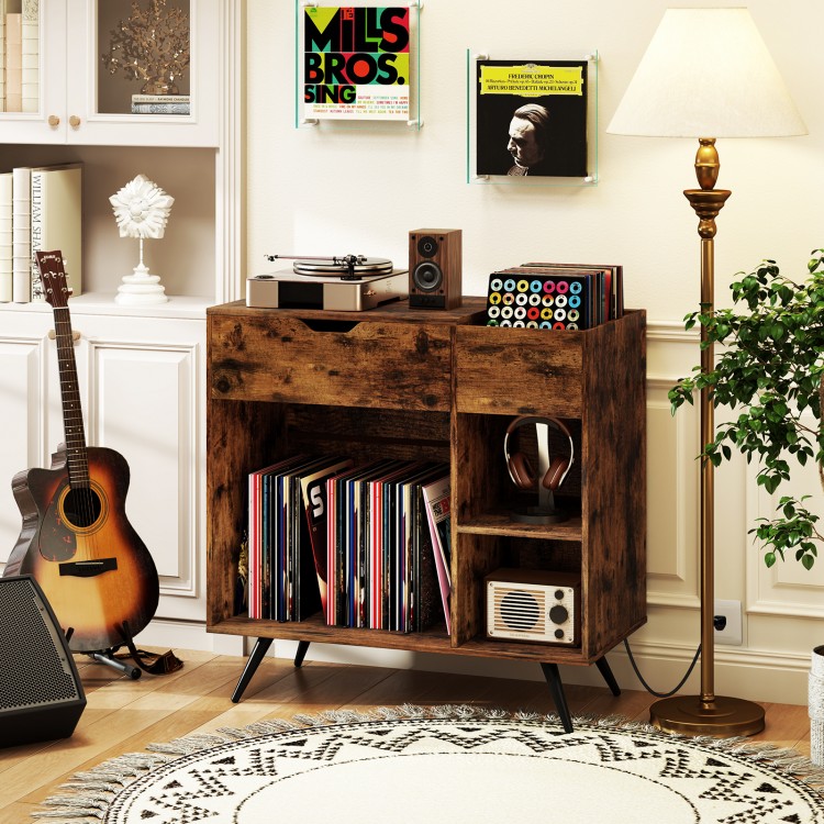 Rustic brown record player stand with power outlet, featuring open cubby, storage drawer, and sturdy metal legs for.