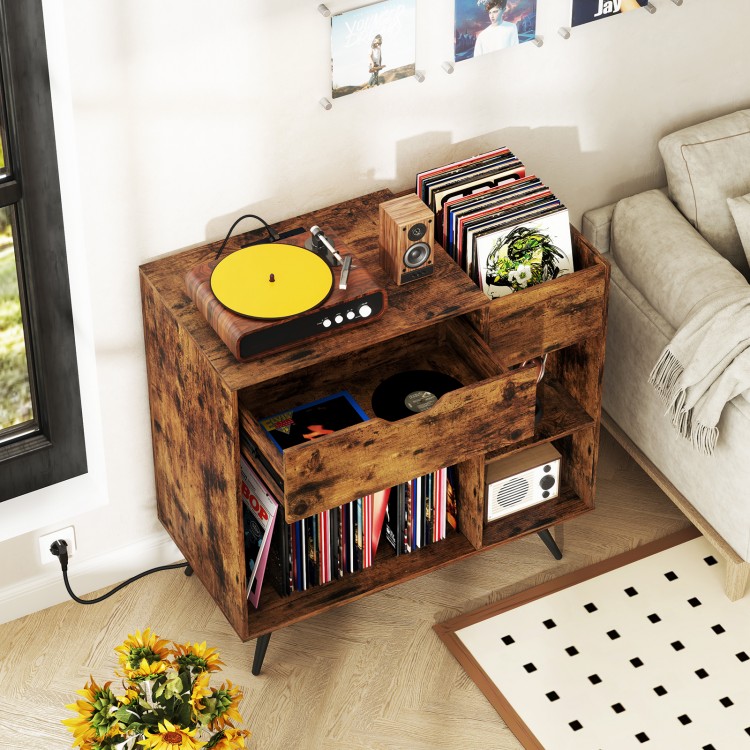 Record player stand in rustic brown with storage drawer, open cubby, and built-in charging station for vinyl records.