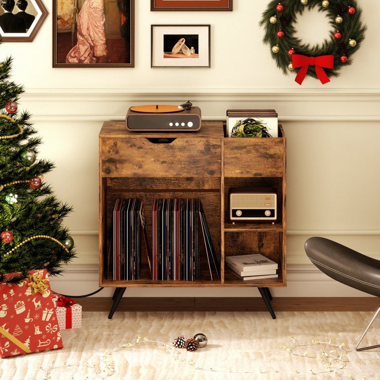 Record player stand in rustic brown with open cubby and drawer, perfect for vinyl records and stereo equipment.