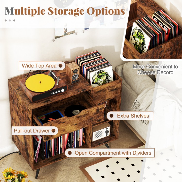 Record player stand in rustic brown with open compartments, pull-out drawer, and built-in charging station for.