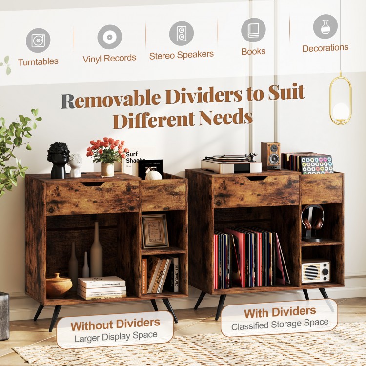 Record player stand in rustic brown with removable dividers, featuring a built-in charging station and open storage.