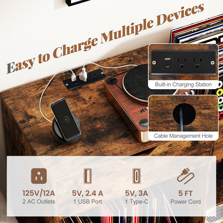 Record player stand in rustic brown with built-in charging station and cable management, ideal for organizing vinyl.