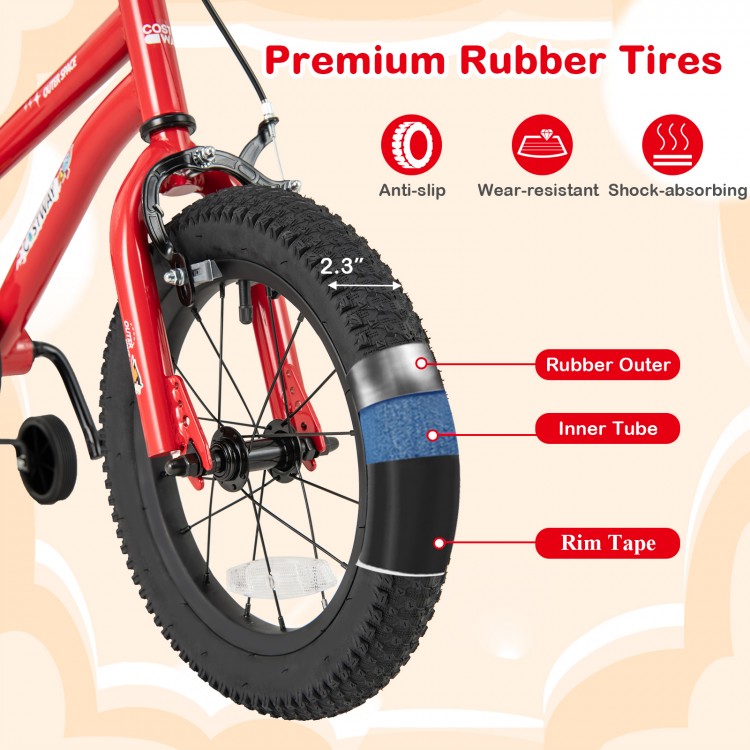 Close-up of the 14-inch kids bike tire featuring anti-slip, shock-absorbing rubber for safe riding.