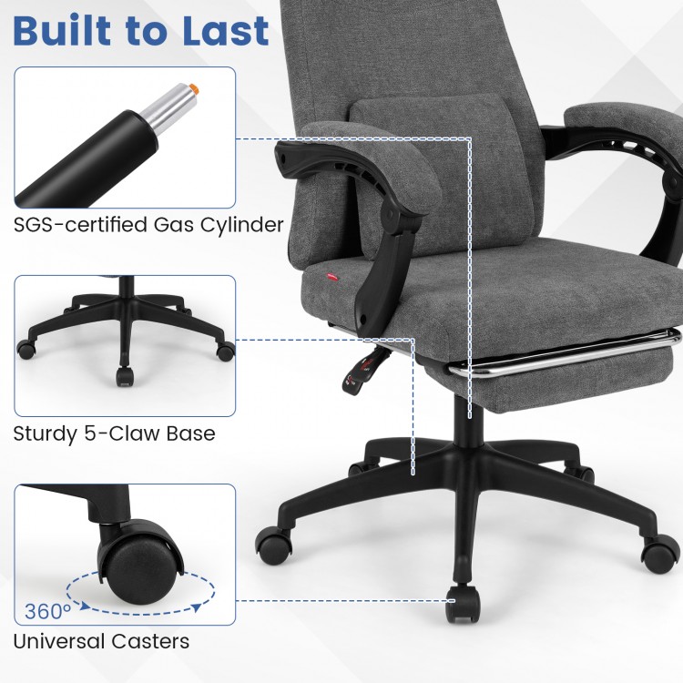 Detail of the reclining office chair showcasing the sturdy 5-claw base and universal casters for easy movement.