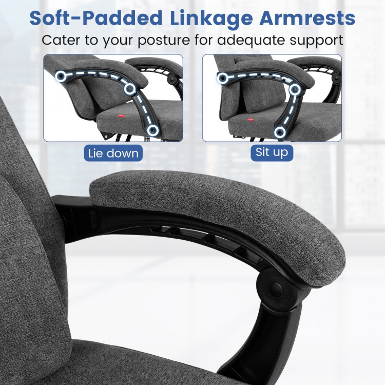 Soft-padded linkage armrests of the gray reclining office chair provide support for various postures while seated.