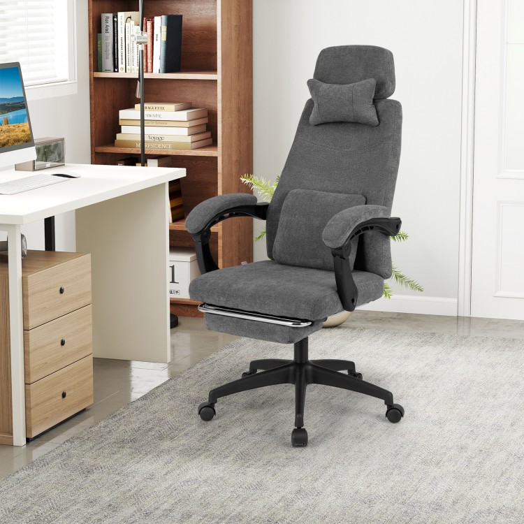 Gray reclining office chair with adjustable headrest and footrest, upholstered in soft chenille fabric for ergonomic.