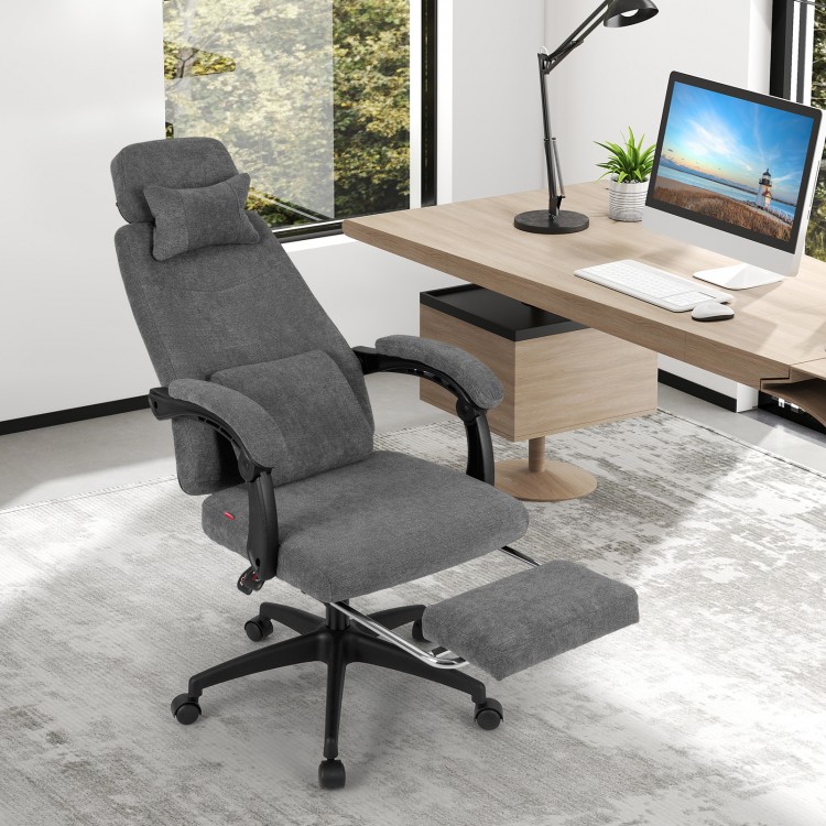 Reclining office chair in gray chenille fabric with a comfortable footrest, ideal for working or relaxing in style.