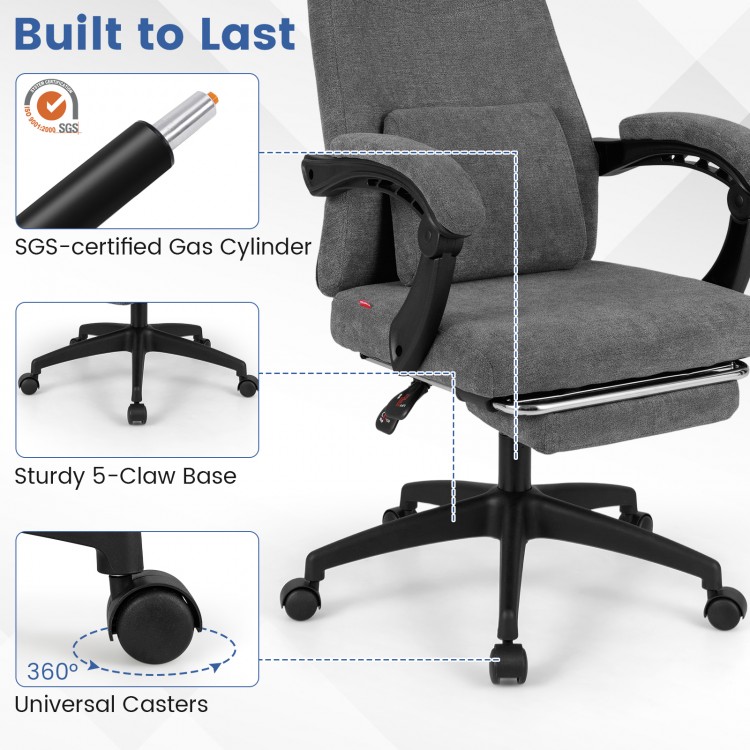 Reclining office chair in gray chenille fabric with a sturdy 5-claw base and 360° universal casters for easy mobility.
