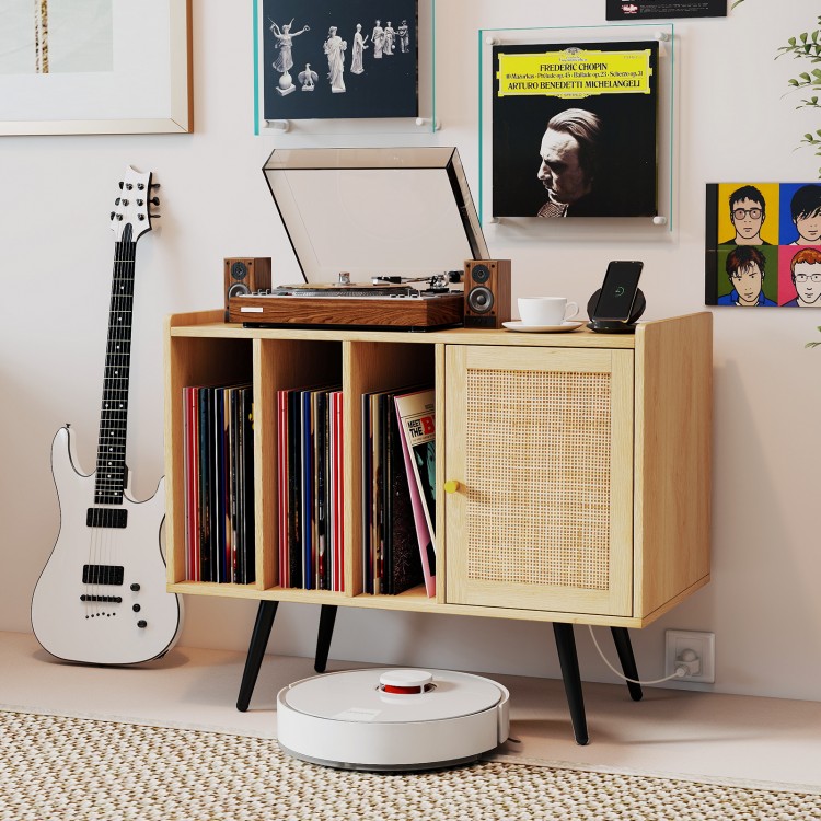 Record player stand in natural wood with rattan cabinet, featuring storage for vinyl records and charging station.