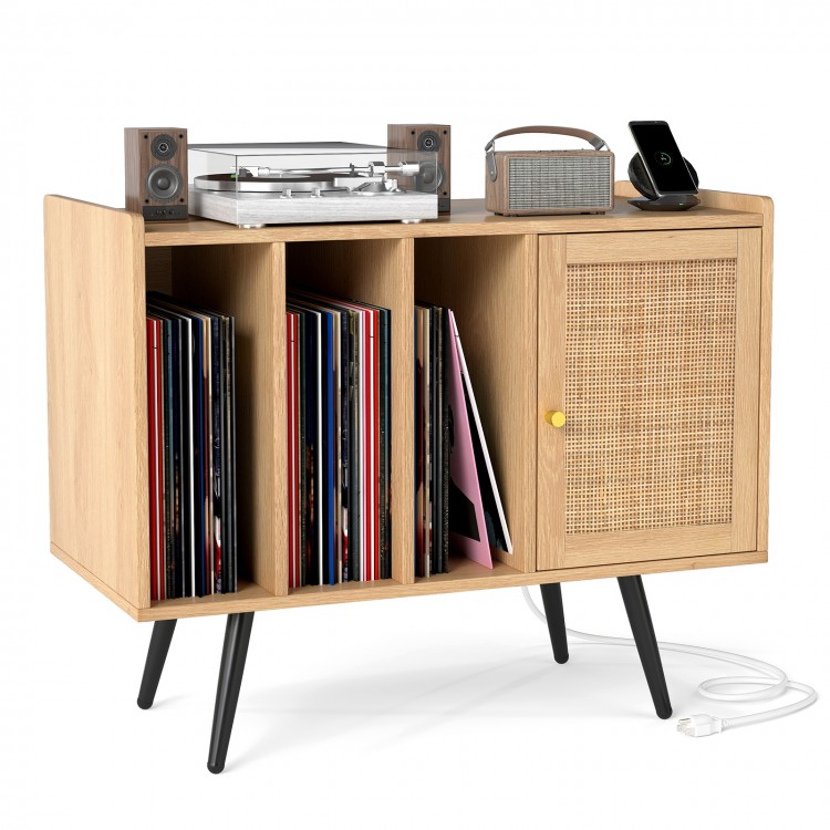 Record player stand in natural wood with rattan cabinet, featuring charging station and vinyl storage for living room.