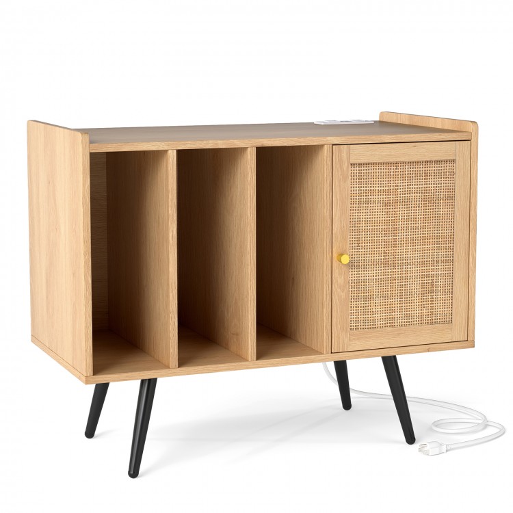 Record player stand with rattan cabinet, featuring adjustable shelves and charging station for living room organization.