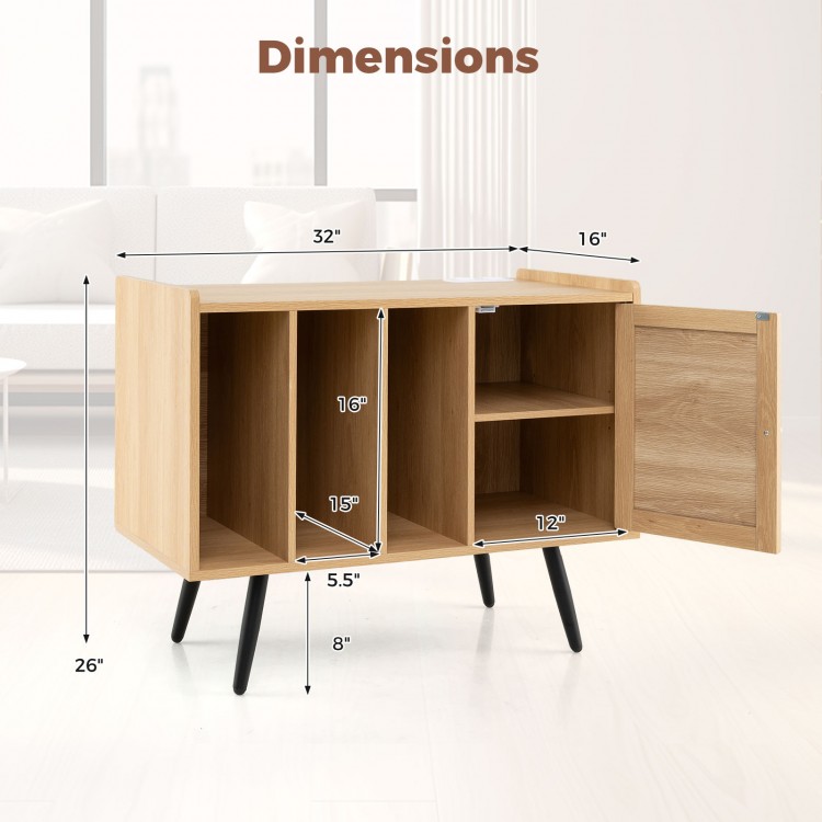 Dimensions of the Record Player Stand with Charging Station, featuring rattan cabinet and adjustable shelves for.