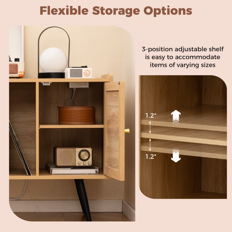 Record player stand featuring a natural wood finish, adjustable shelf, and rattan cabinet for versatile living room.