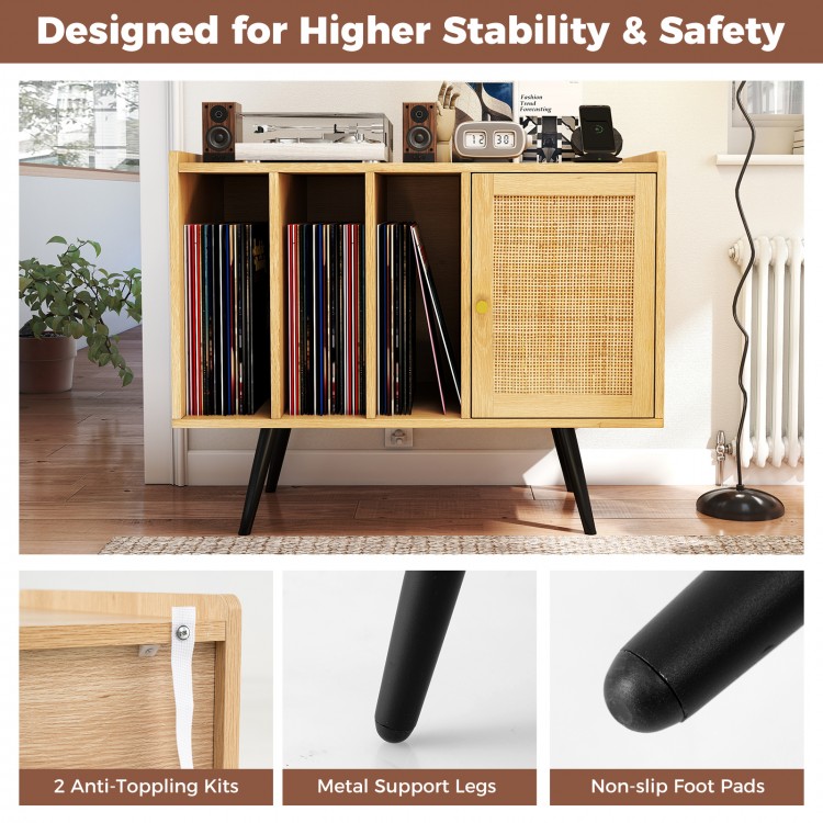 Record player stand with rattan cabinet, adjustable shelves, and charging station for organized living room storage.