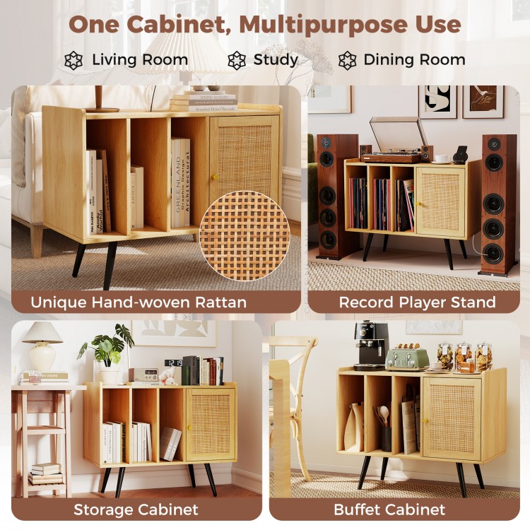 Natural rattan record player stand with charging station, featuring adjustable shelves and ample storage for vinyl.