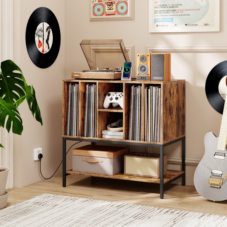 Record player stand in rustic brown with charging station, metal frame, and storage for vinyl records and devices.