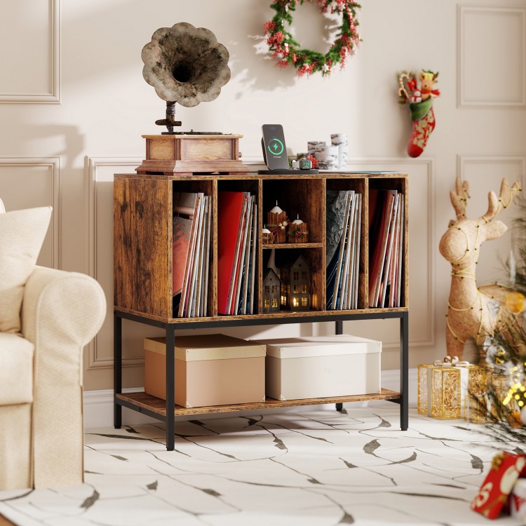 Record player stand in rustic brown with charging station, metal frame, and storage for records and boxes.