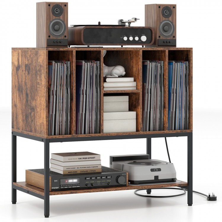 Rustic brown record player stand showcasing a sturdy metal frame, featuring cable management and adjustable foot pads.