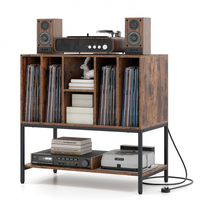 Record player stand in rustic brown with charging station, featuring a metal frame and storage for vinyl records.