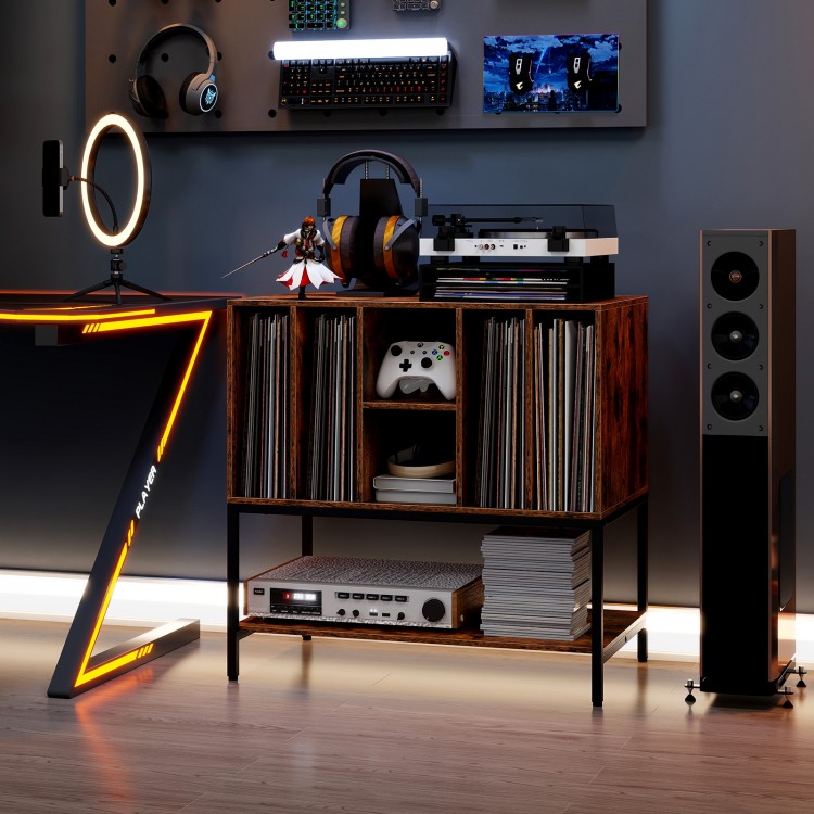 Record player stand in rustic brown with charging station, metal frame, and organized storage for vinyl records and.