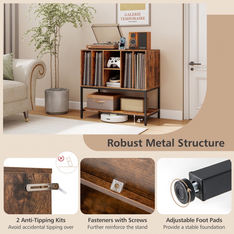 Record player stand in rustic brown with metal frame, featuring a charging station and adjustable foot pads for.