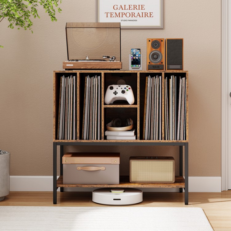 Rustic brown record player stand featuring a spacious top shelf for devices and vinyl records, with cable management.