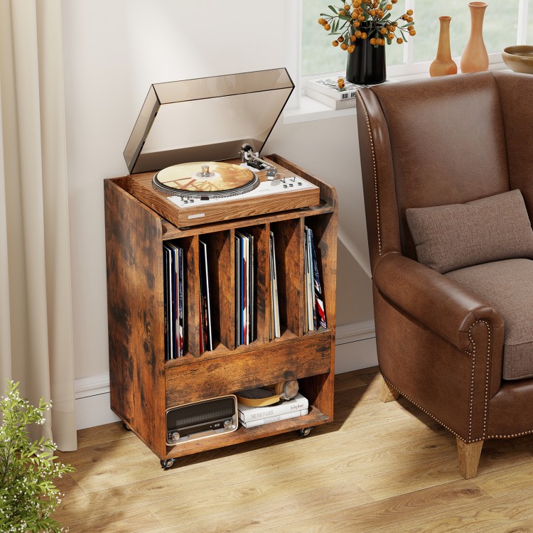 Record player stand in brown with vinyl storage, drawer, and wheels, ideal for living room or bedroom use.