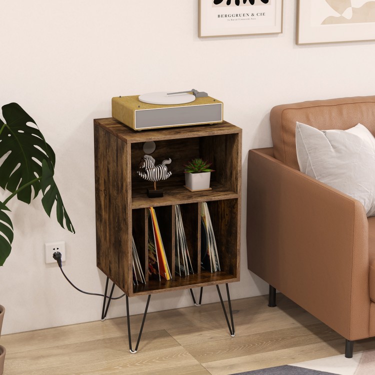 Rustic brown record player stand with charging station, featuring 3-tier storage and metal legs for stability in living.