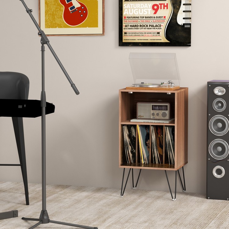 Record player stand in rustic brown with charging station, showcasing vinyl records and featuring metal support legs.
