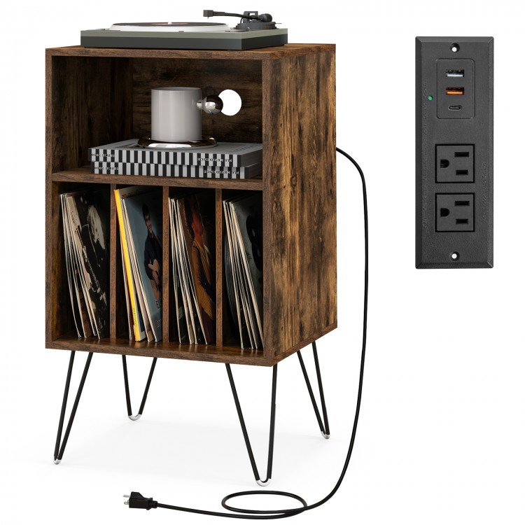 Record player stand in rustic brown with charging station, featuring vinyl storage and metal legs for stability.