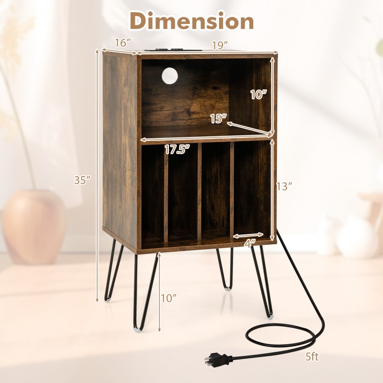 Rustic brown record player stand with charging station, 3-tier design, and metal legs for stable vinyl storage.