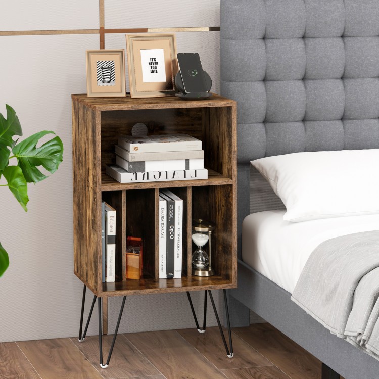 Rustic brown record player stand with charging station, featuring 3 tiers for vinyl storage and metal support legs.