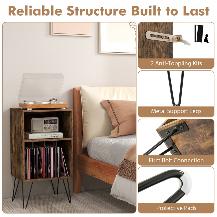 Rustic brown record player stand with charging station, 3-tier design, metal support legs, and anti-toppling kits for.