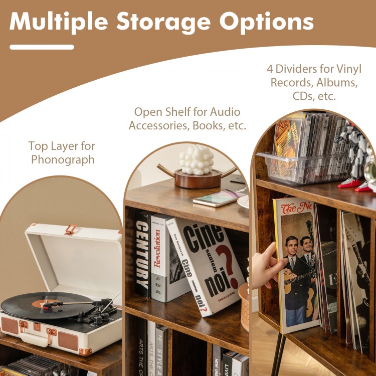 Record player stand in rustic brown with open shelf for vinyl records, books, and charging station for devices.