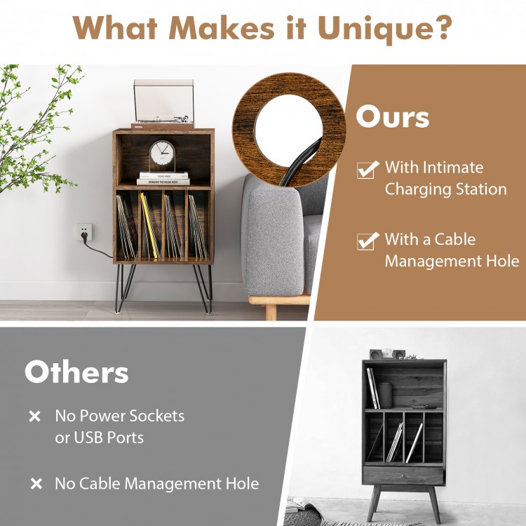 Record player stand in rustic brown with charging station and cable management hole, ideal for vinyl storage and.