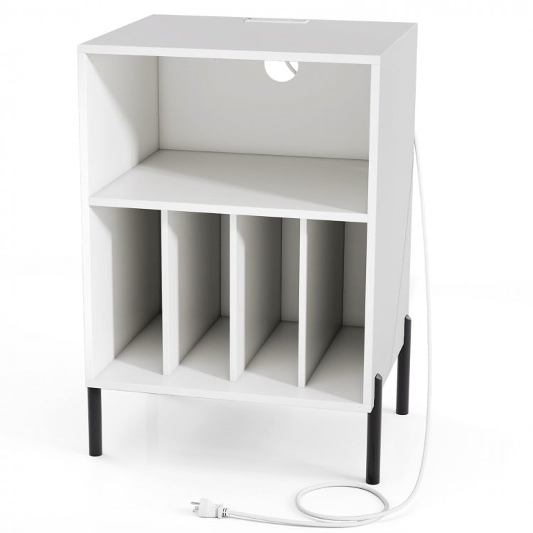 Record player stand in white with open shelf, 4 storage spaces, and charging station for vinyl records and devices.