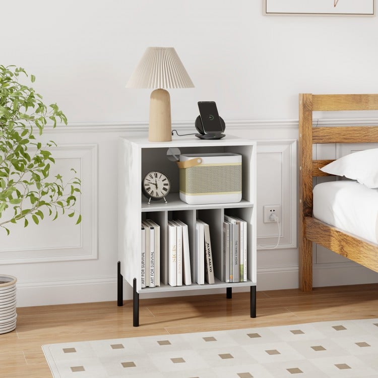 Record player stand in white with open shelf, storage for 150 vinyl records, and charging station for electronic.