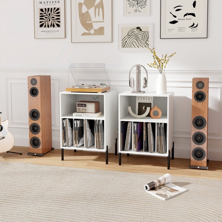 Record player stand in white with vinyl storage, charging station, and modern design for living room or office use.