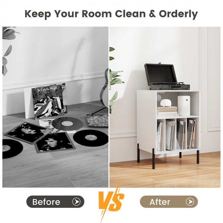 Record player stand in white showcasing a modern design, perfect as a nightstand or end table with ample storage space.