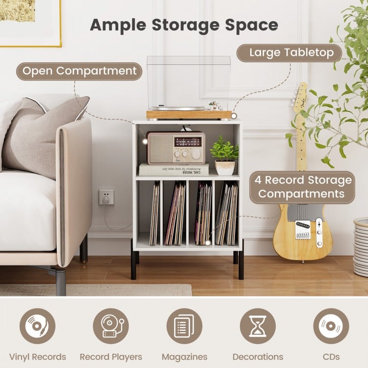 Record player stand in white with open shelf, 4 vinyl record compartments, and charging station for versatile use.