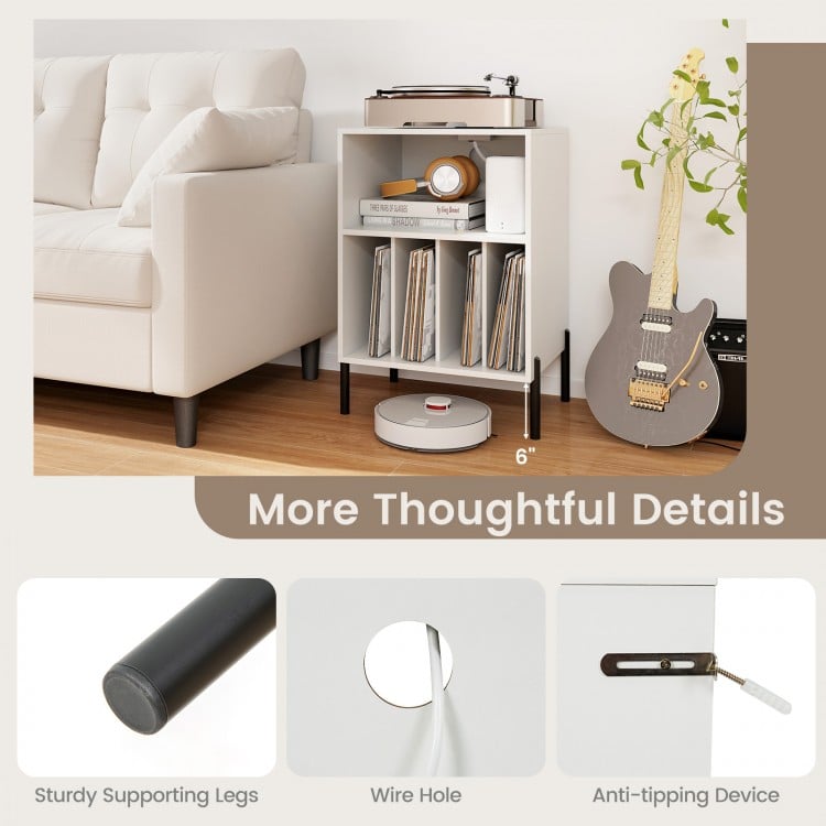 Record player stand in white with open shelf, charging station, and sturdy legs for vinyl record storage and.