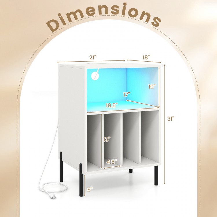 Dimensions of the white Record Player Stand with LED light, featuring storage for vinyl records and a charging station.